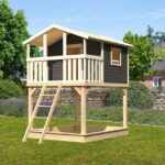 Abenteuer-Stelzenhaus „Benjamin“ – 150cm Podesthöhe – Terragrau inkl. Terrasse & Sandkasten