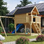 Abenteuer-Stelzenhaus „Fidel“ XXL-Aktionsset – 150cm Podesthöhe – Holz Natur inkl. Doppelschaukel & Kletterrampe