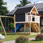 Abenteuer-Stelzenhaus „Fidel“ XXL-Aktionsset – 150cm Podesthöhe – Terragrau inkl. Doppelschaukel & Kletterrampe