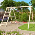 Abenteuer-Doppelschaukel „Felix“ mit Klettergerüst – 125cm Podesthöhe – Holz Natur