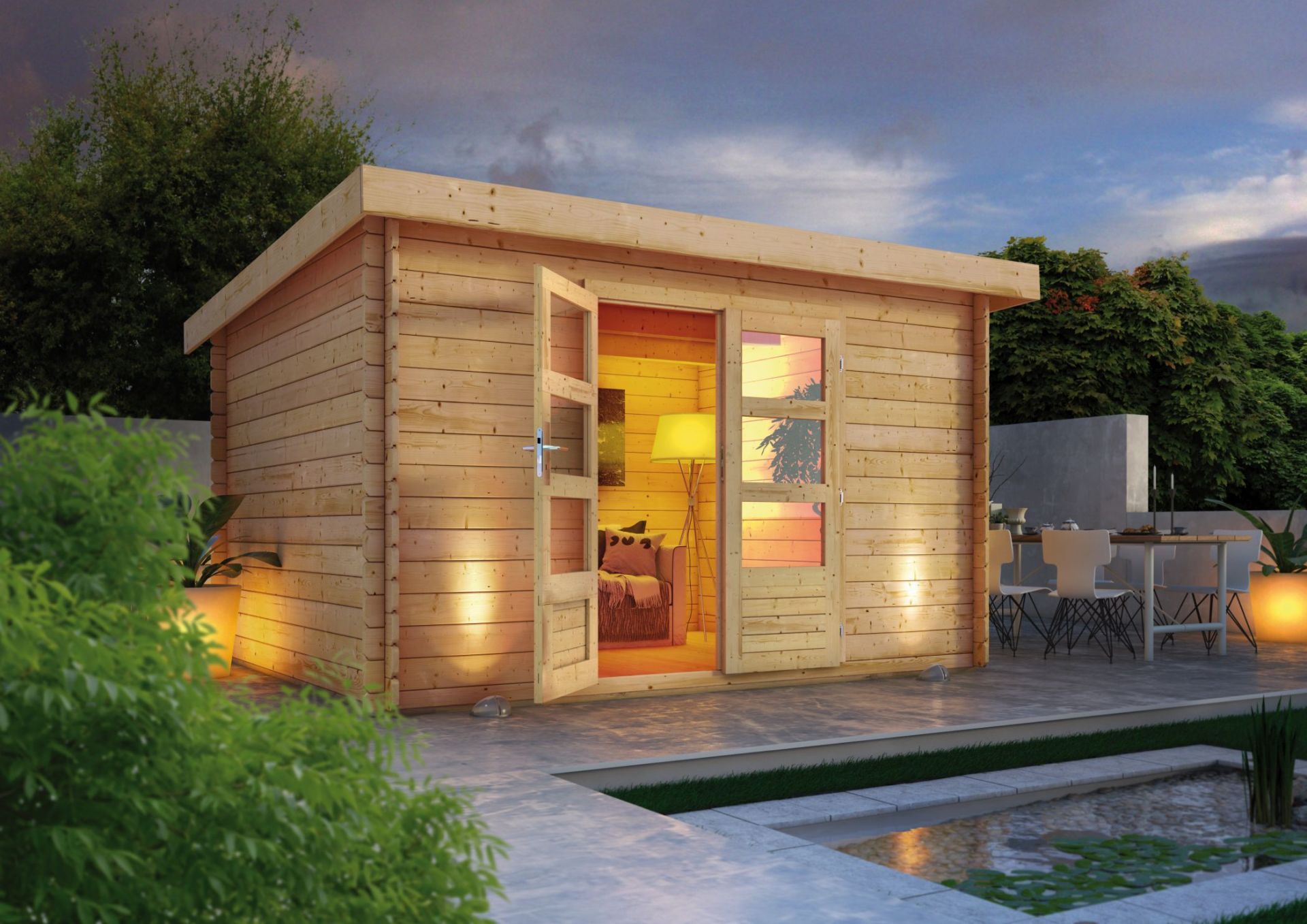 gartenhaus-bastrup-7-natur-pultdach-holz-357x297 Modernes Blockbohlenhaus „Bastrup 7" Pultdach aus Holz in Natur – Image 1