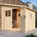 Modernes Gerätehaus „Bomlitz 3" Pultdach aus Holz in Natur