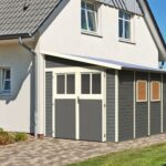 Großes Gerätehaus „Bomlitz 4" Pultdach modern aus Holz in Terragrau