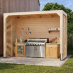 Abri de cuisine d’été moderne « Cubus » Pack Éco – 320 x 160 cm – Bois lamellé-collé massif avec parois et ancrages inclus