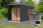 Chalet sauna de luxe « Miramar » Noir – Parois 73 mm – incl. poêle Bio combiné 9 kW & vestibule – Image 2