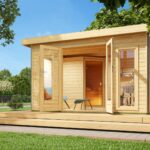 Chalet sauna moderne « Mainburg 3 » avec grand vestibule – Parois 38 mm (Naturel)