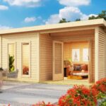 Grand chalet sauna « Mainburg 5 » avec vestibule XXL & terrasse – 38 mm bois naturel